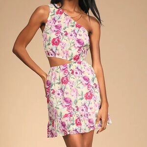 Lulu’s Beauty and Blooms Yellow Floral Cutout One-Shoulder Mini Dress